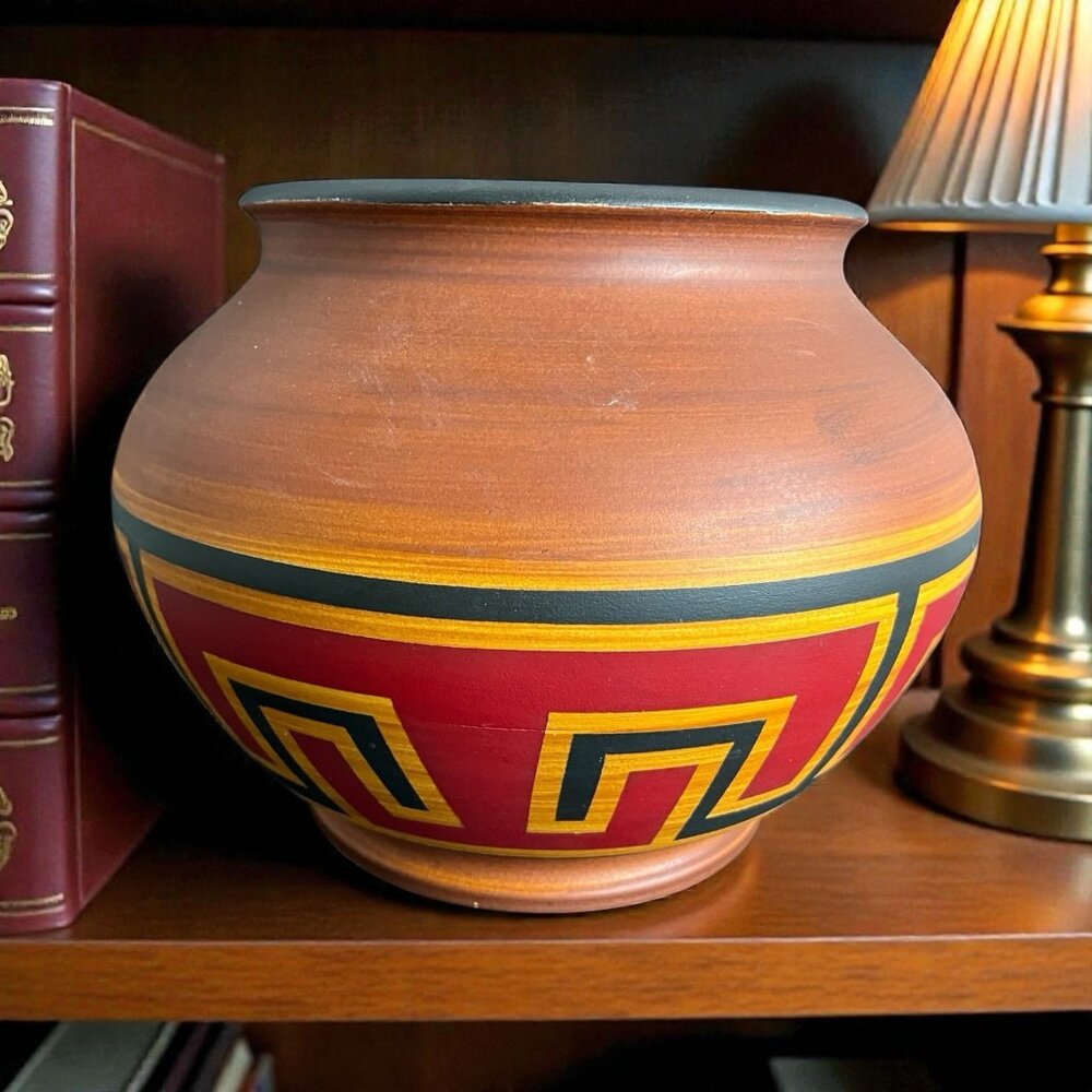 Vintage Wooden Hand Turned Planter Pot Bowl Southwestern Brown Red Geometric